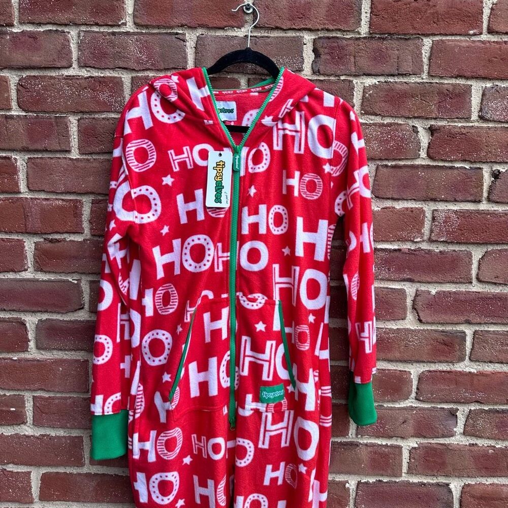Tipsy Elves $80 unisex Ho Ho Ho Full Zip Holiday Fleece pajamas one piece Red Sm - Picture 7 of 9